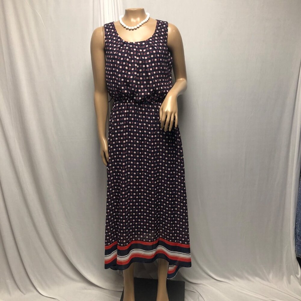 Apt 9 Midi Dress Womens Size Small Navy Orange Lined Handkerchief Hem Artsy NEW